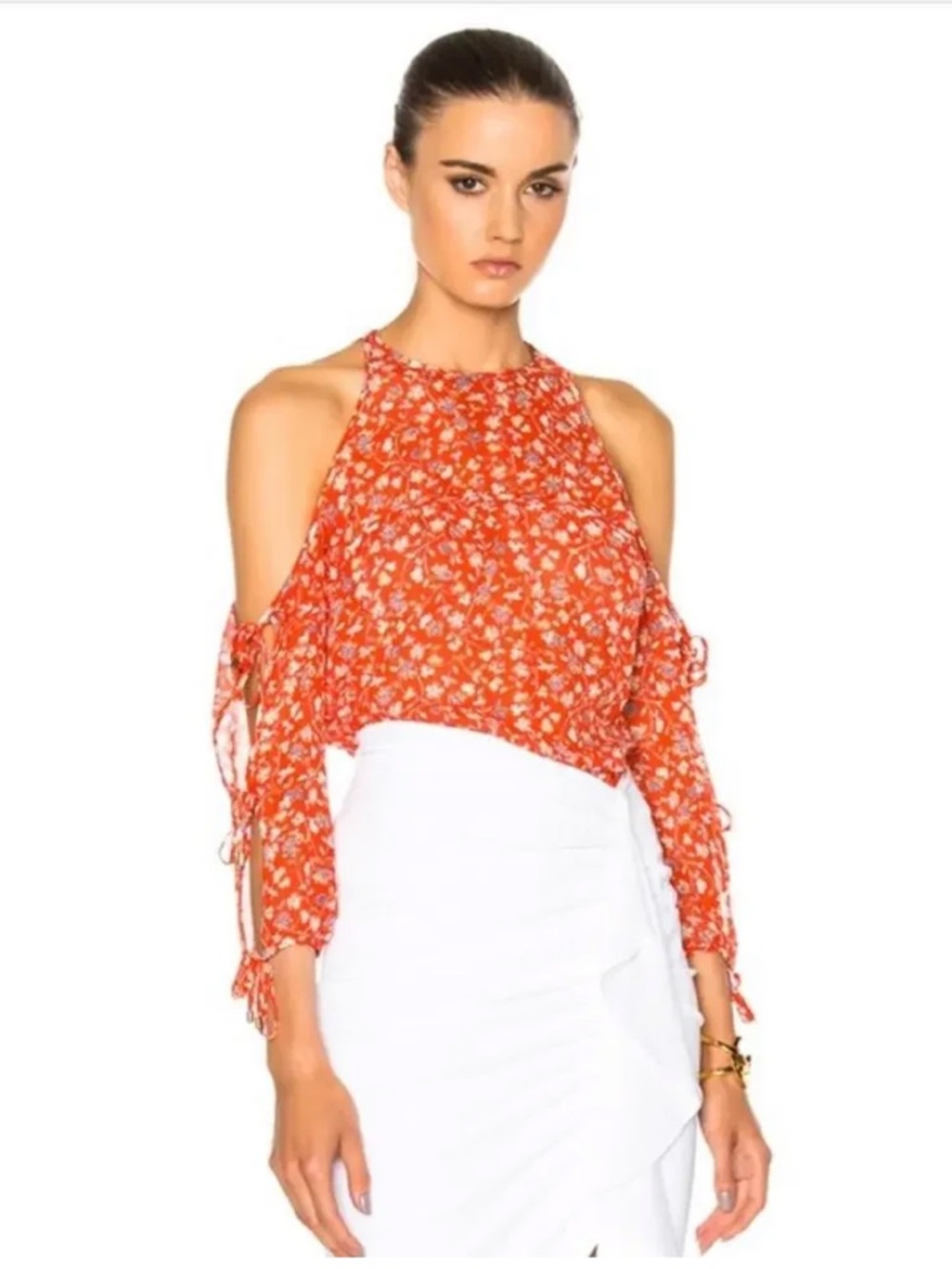 Veronica Beard Flynn Red Silk Floral Open Sleeve Blouse Size 10